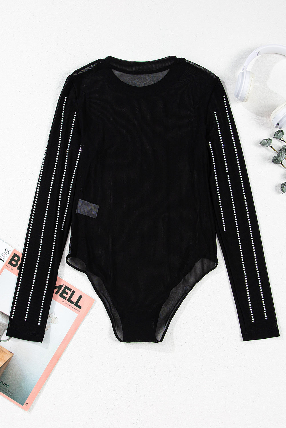 Black Rhinestone Decor Striped Mesh Long Sleeve Bodysuit - Bagged Store