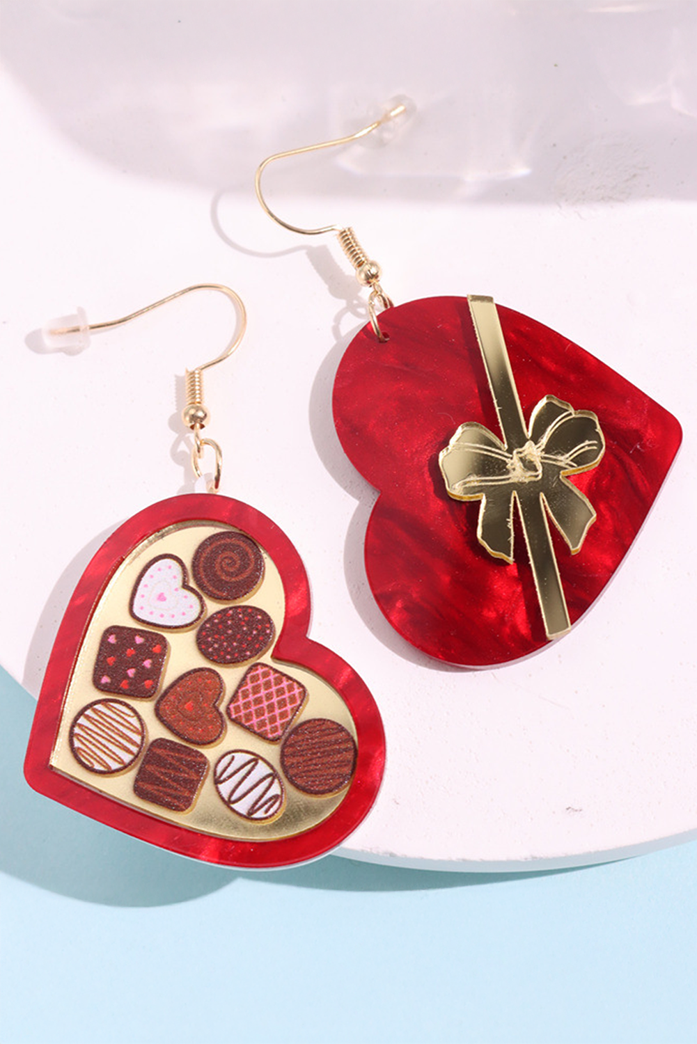 Fiery Red Box of Chocolate Heart Shape Dangle Earrings - Bagged Store