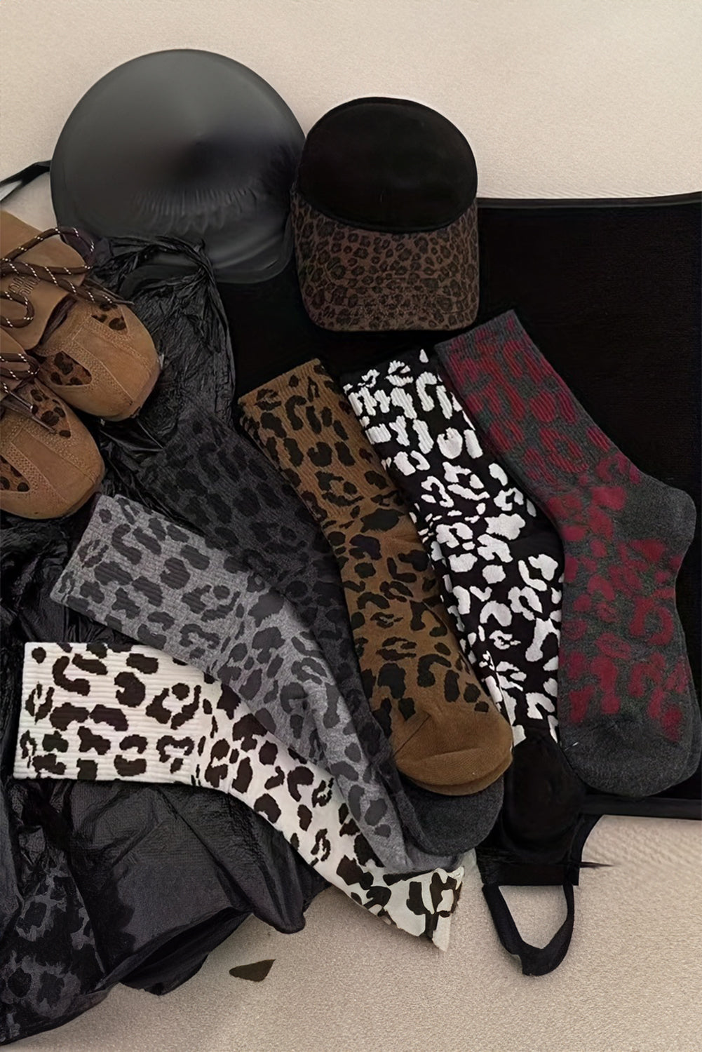 Chestnut Leopard Print Ribbed Crew Socks - Bagged Store