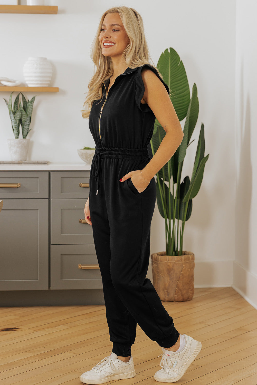 Black Zipper Flutter Sleeve Drawstring High Waist Jumpsuit - Bagged Store