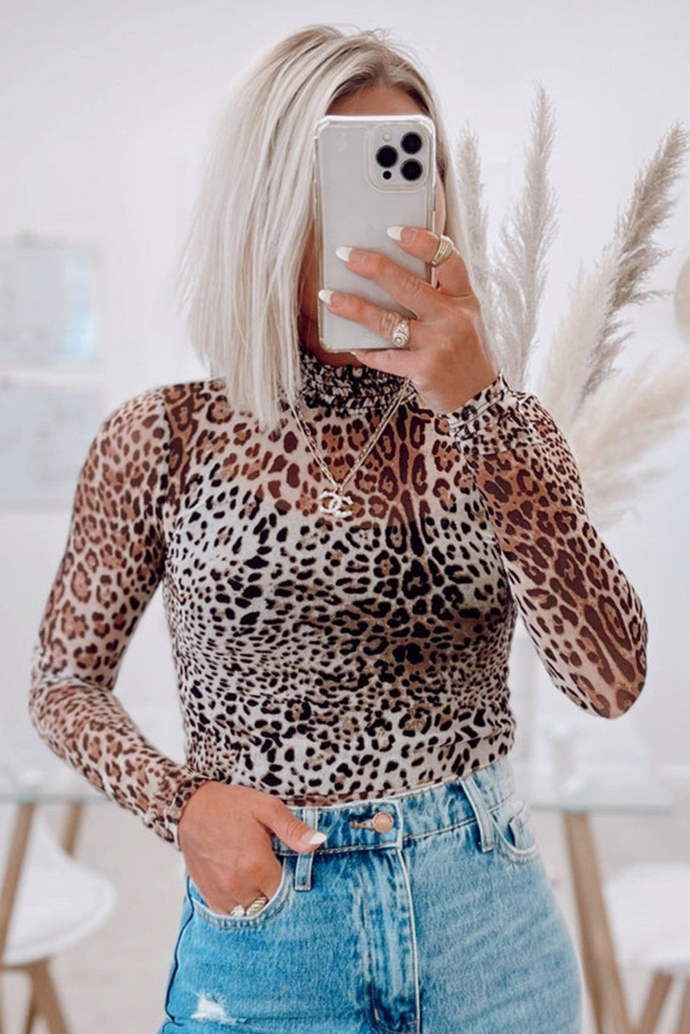 Brown Leopard Smocked Neck Mesh Long Sleeve Bodysuit - Bagged Store