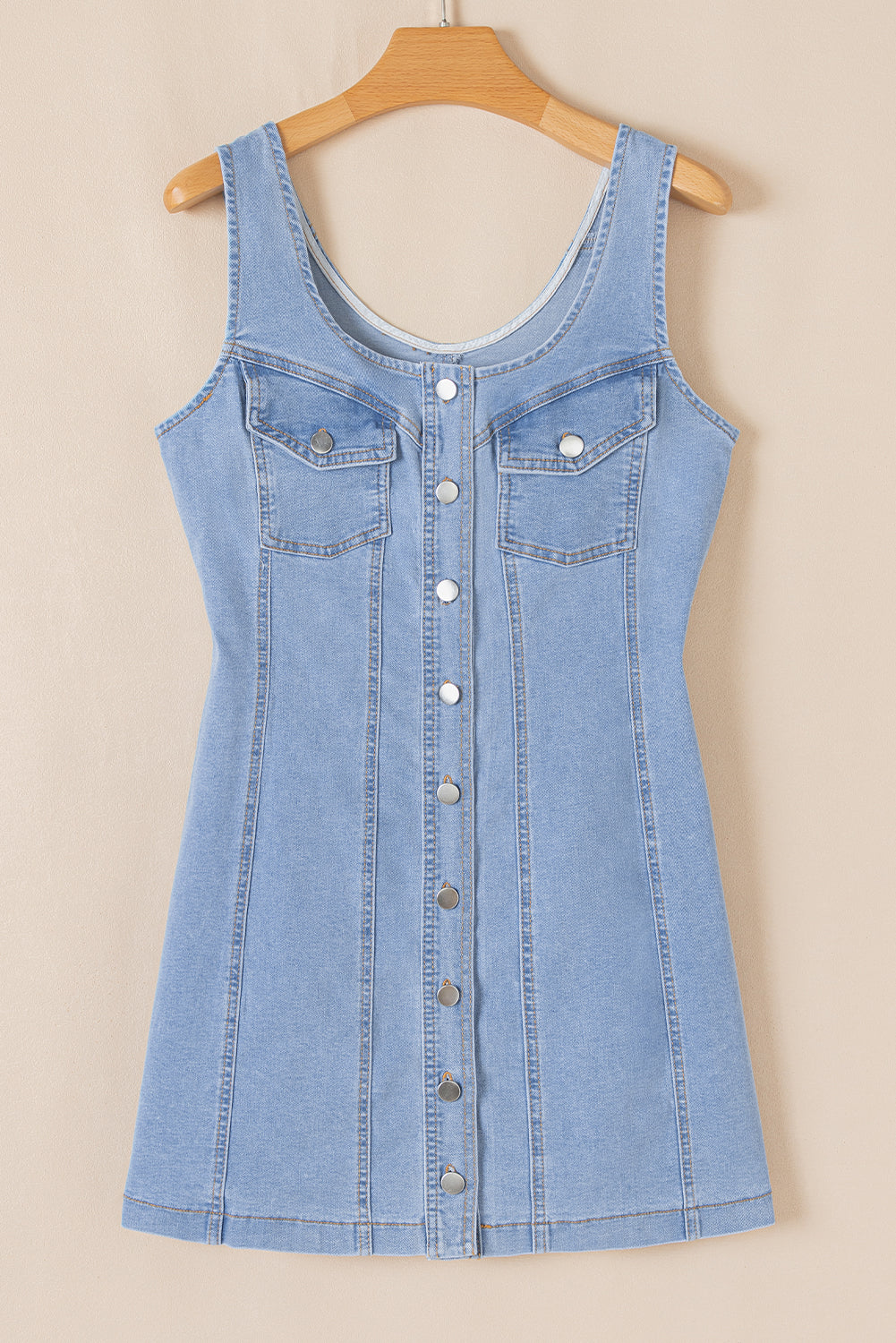 Beau Blue Light Wash Denim Buttoned Front Chest Pockets Sleeveless Slim Mini Dress - Bagged Store