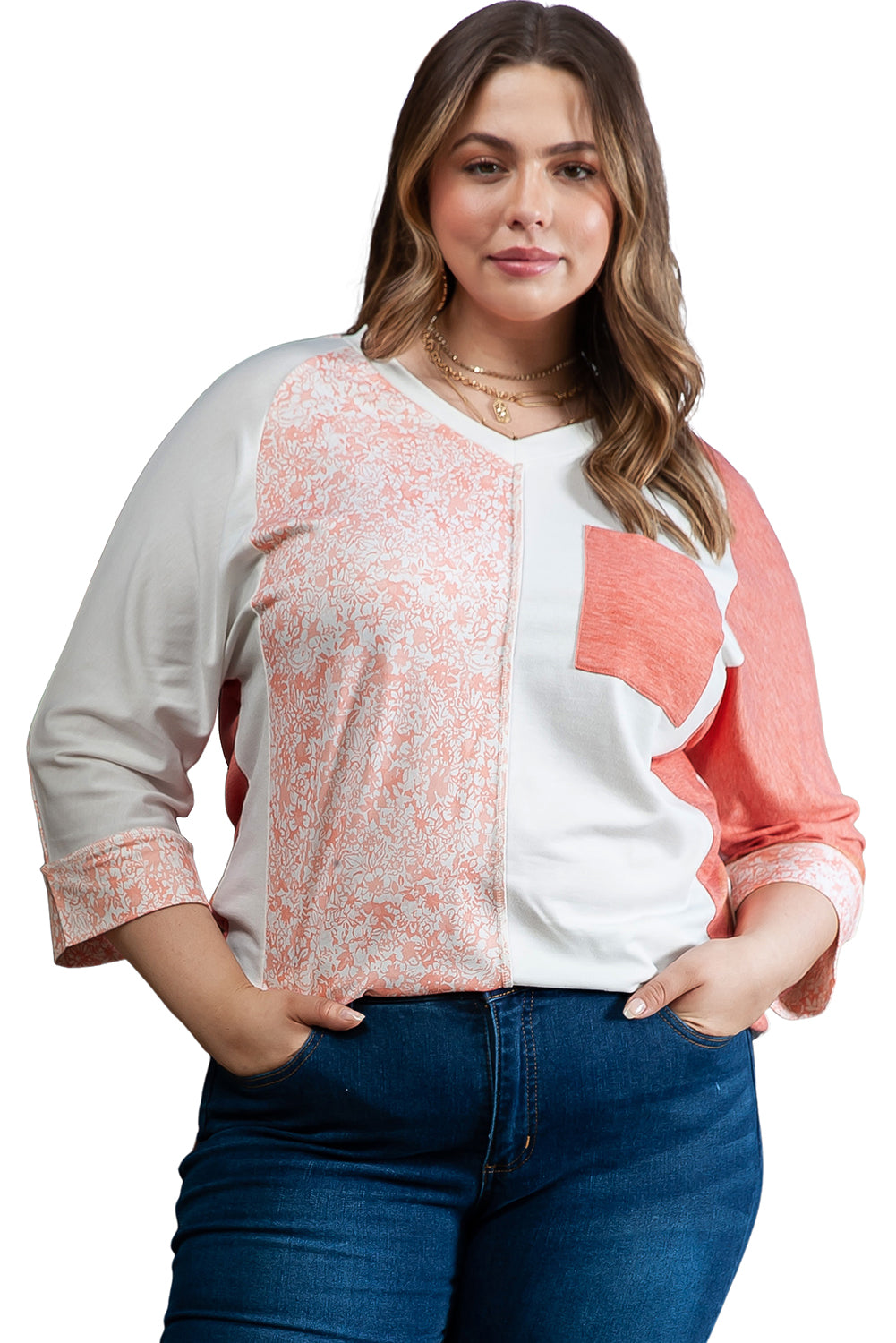 Pink Colorblock Drop Shoulder Bracelet Sleeve Plus Size Top - Bagged Store