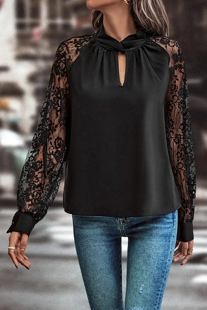 Black Keyhole Neckline Floral Lace Raglan Sleeve Blouse - Bagged Store