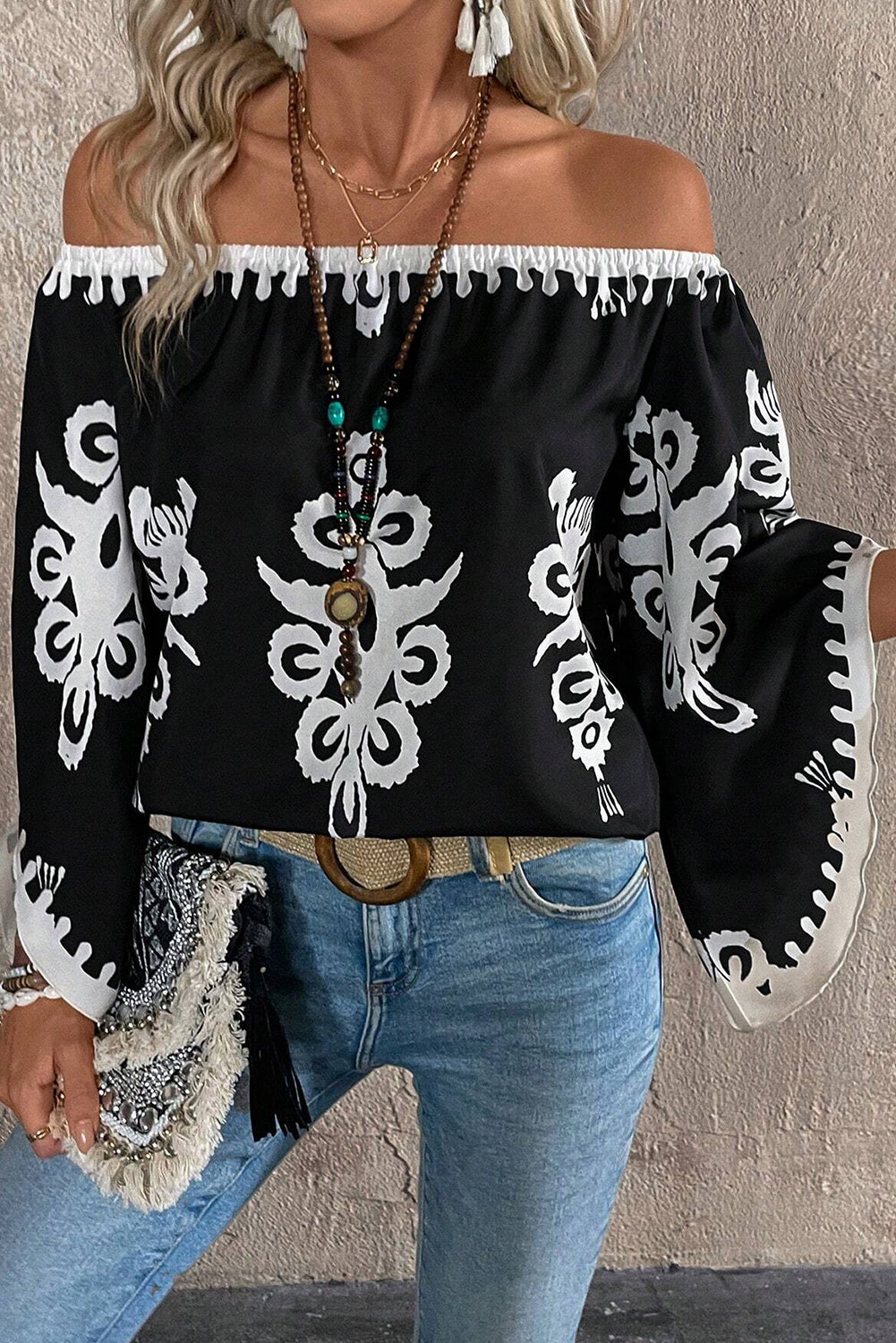 Black Tribal Printed Off Shoulder Loose Sleeve Blouse - Bagged Store