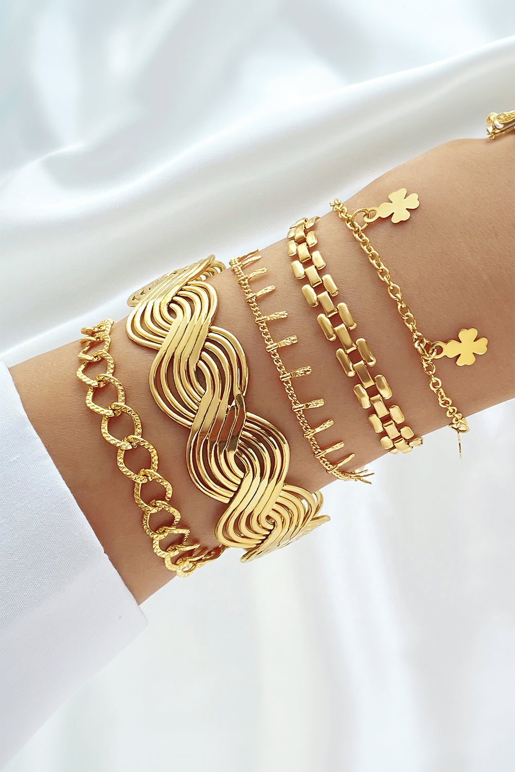 Gold Clover Charm Multi Layered Plated Adjustable Bracelet Set - Bagged Store