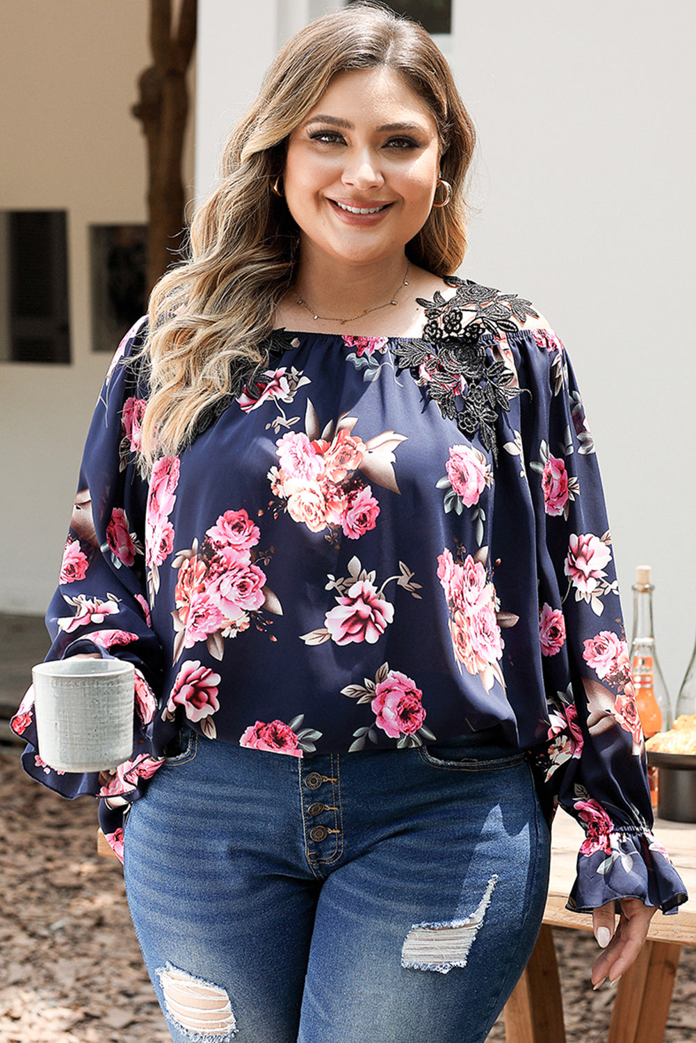 Navy Blue Plus Size Crochet Detail Cold shoulder Floral Blouse - Bagged Store