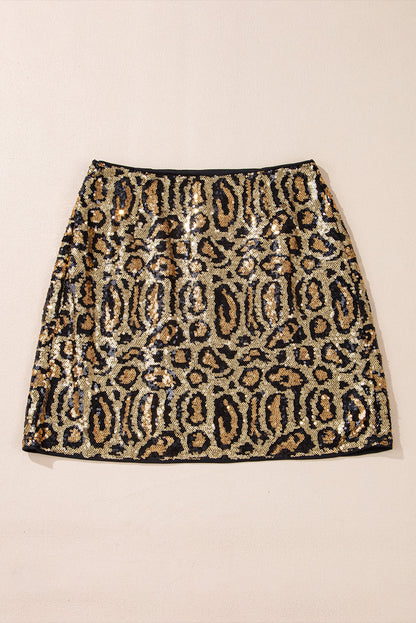 Brown Sequined Leopard Print Disco Mini Skirt - Bagged Store