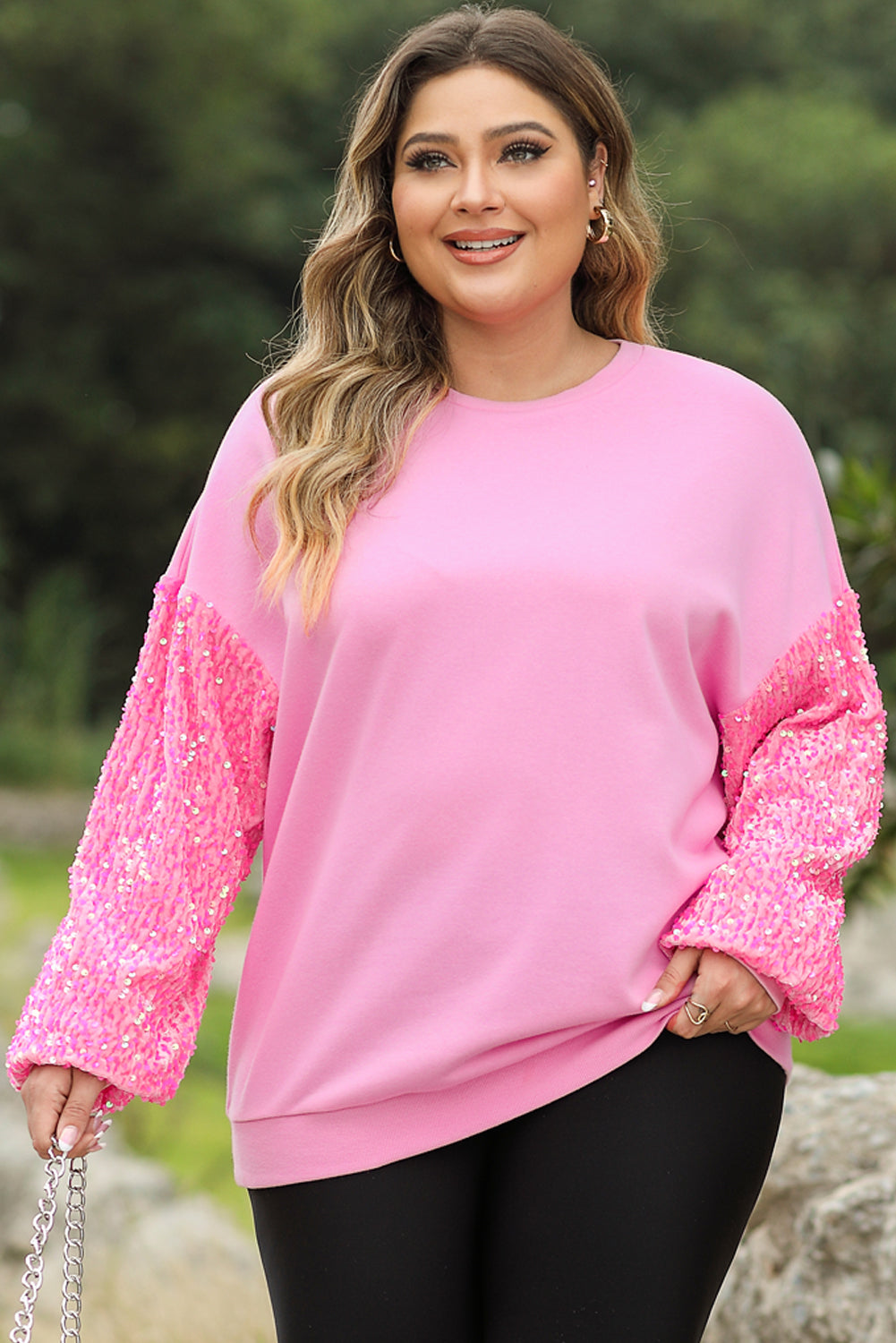 Pink Plus Size Sequin Sleeve Drop Shoulder Sweatshirt - Bagged Store