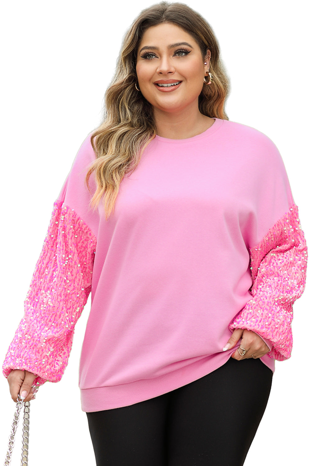 Pink Plus Size Sequin Sleeve Drop Shoulder Sweatshirt - Bagged Store