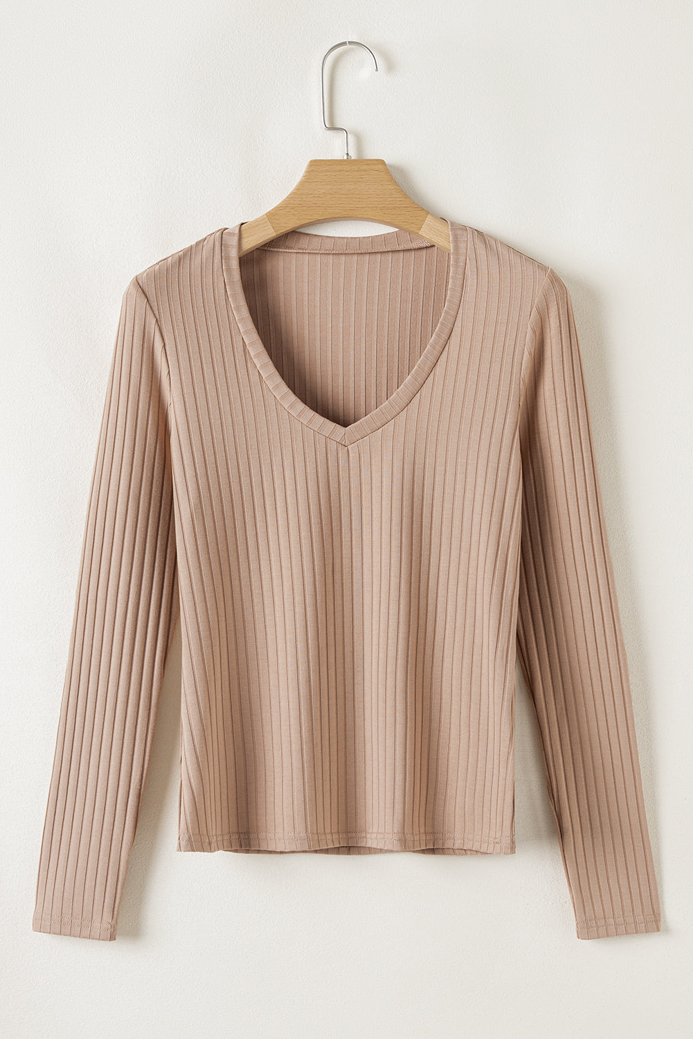 Strawberry Pink Ribbed Knit V Neck Long Sleeve Slim Fit Top - Bagged Store