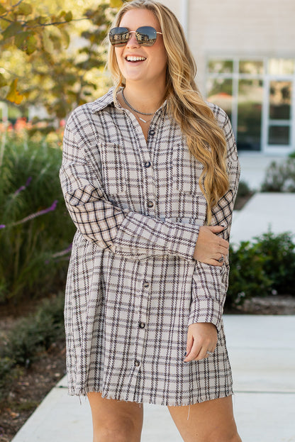 White Stripe Plus Size Plaid Buttoned Raw Hem Tunic Shirt Dress - Bagged Store