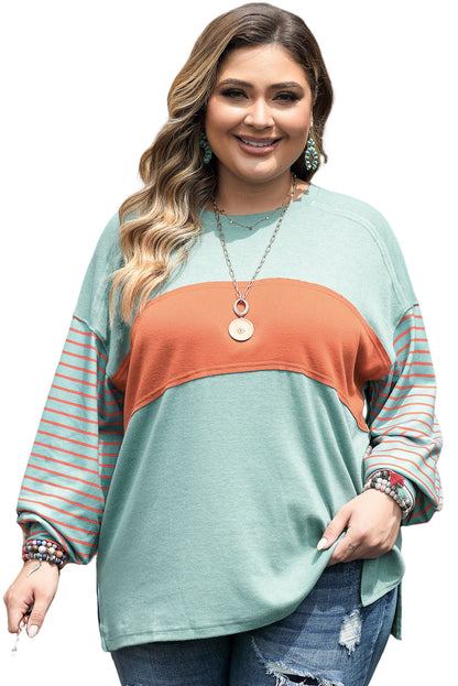 Green Plus Size Striped Long Sleeve Colorblock Tee with Slits - Bagged Store