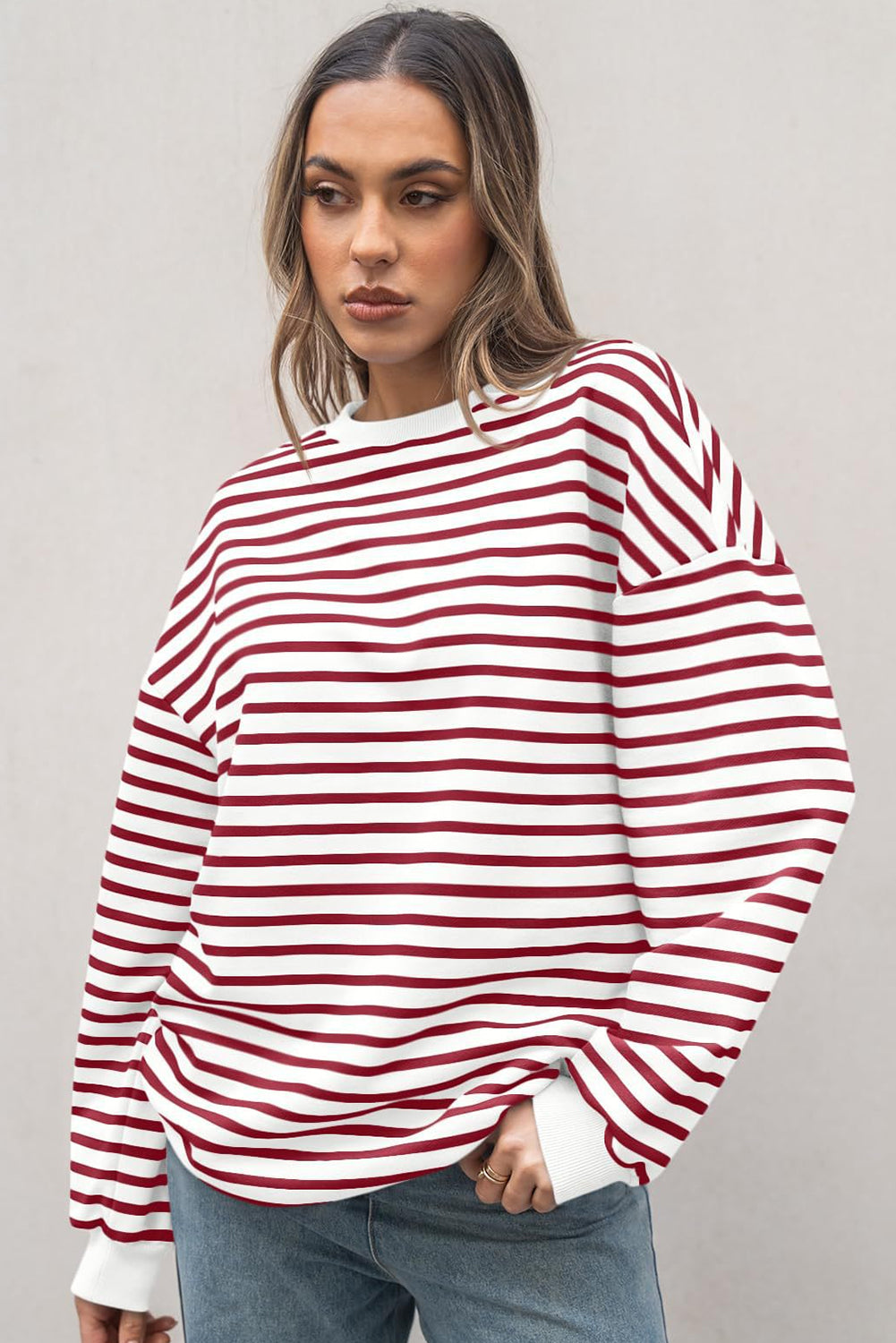 Coffee Striped Long Sleeve Round Neck Loose Top - Bagged Store