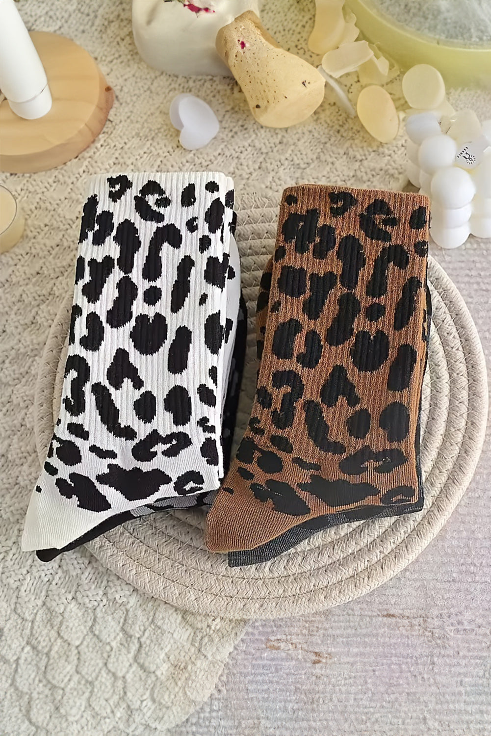 Chestnut Leopard Print Ribbed Crew Socks - Bagged Store