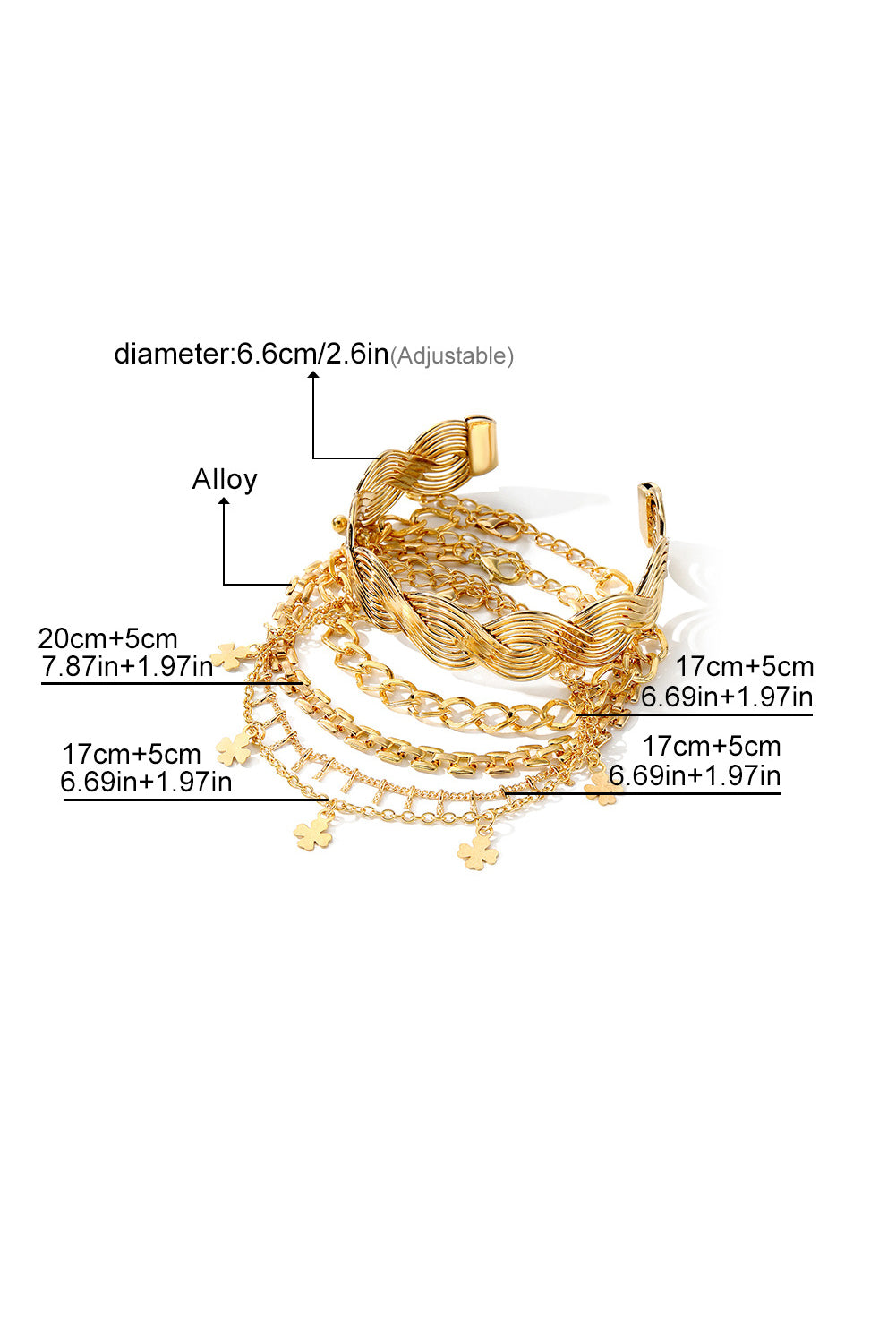 Gold Clover Charm Multi Layered Plated Adjustable Bracelet Set - Bagged Store