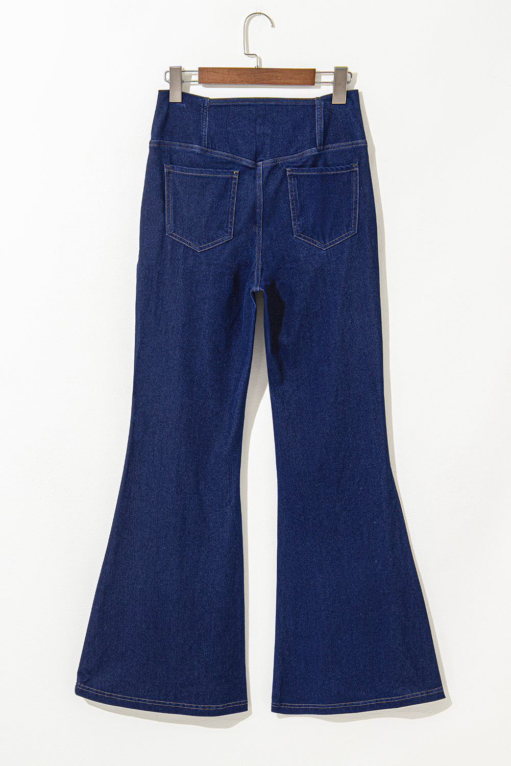 Dusk Blue Solid Crossed Waist High Elastic Fit Flare Knit Jeans - Bagged Store