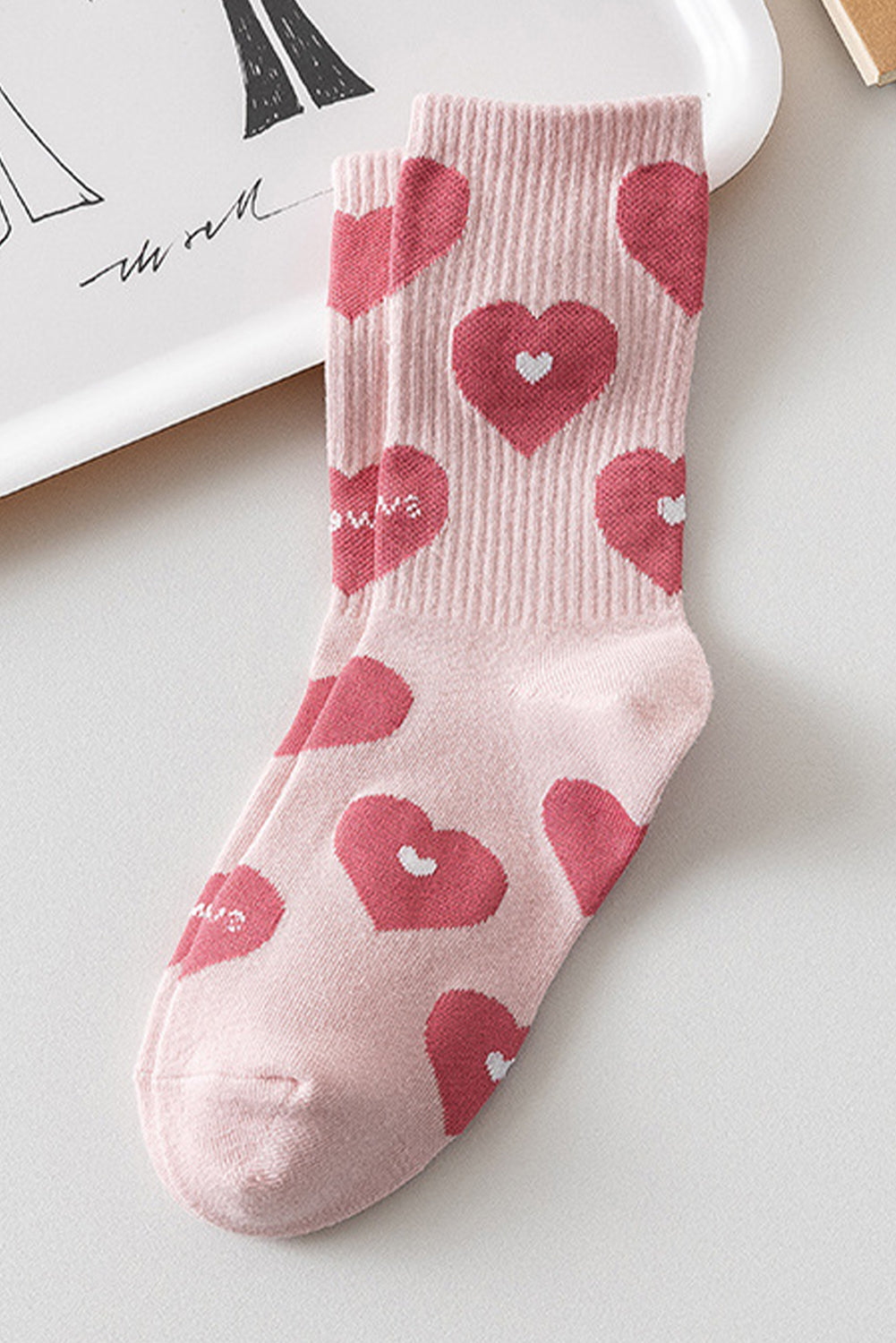 Light Pink Heart Print Ribbed Trim Soft Crew Socks - Bagged Store