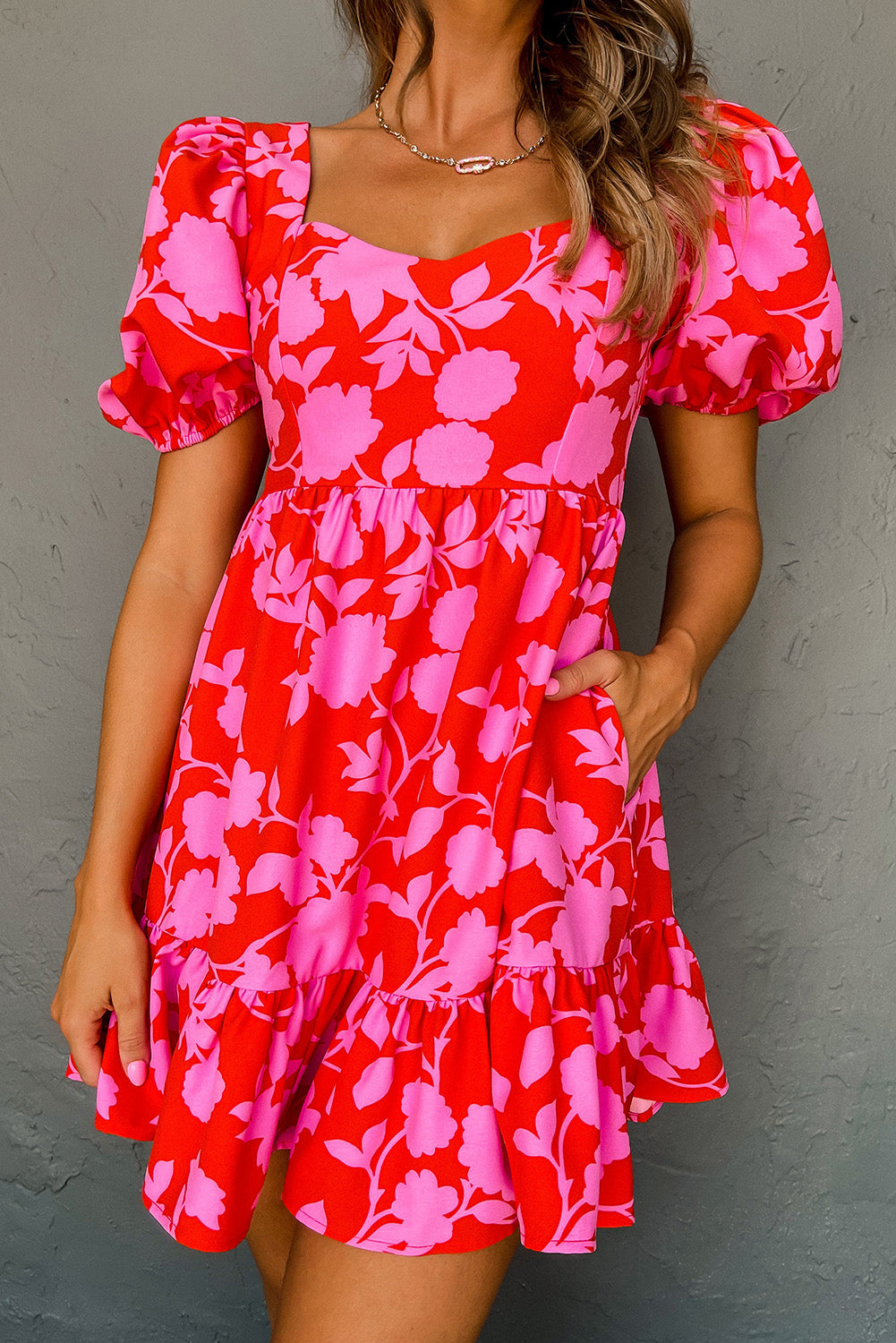 Red Floral Bubble Sleeve Sweetheart Neck Ruffled Mini Dress - Bagged Store