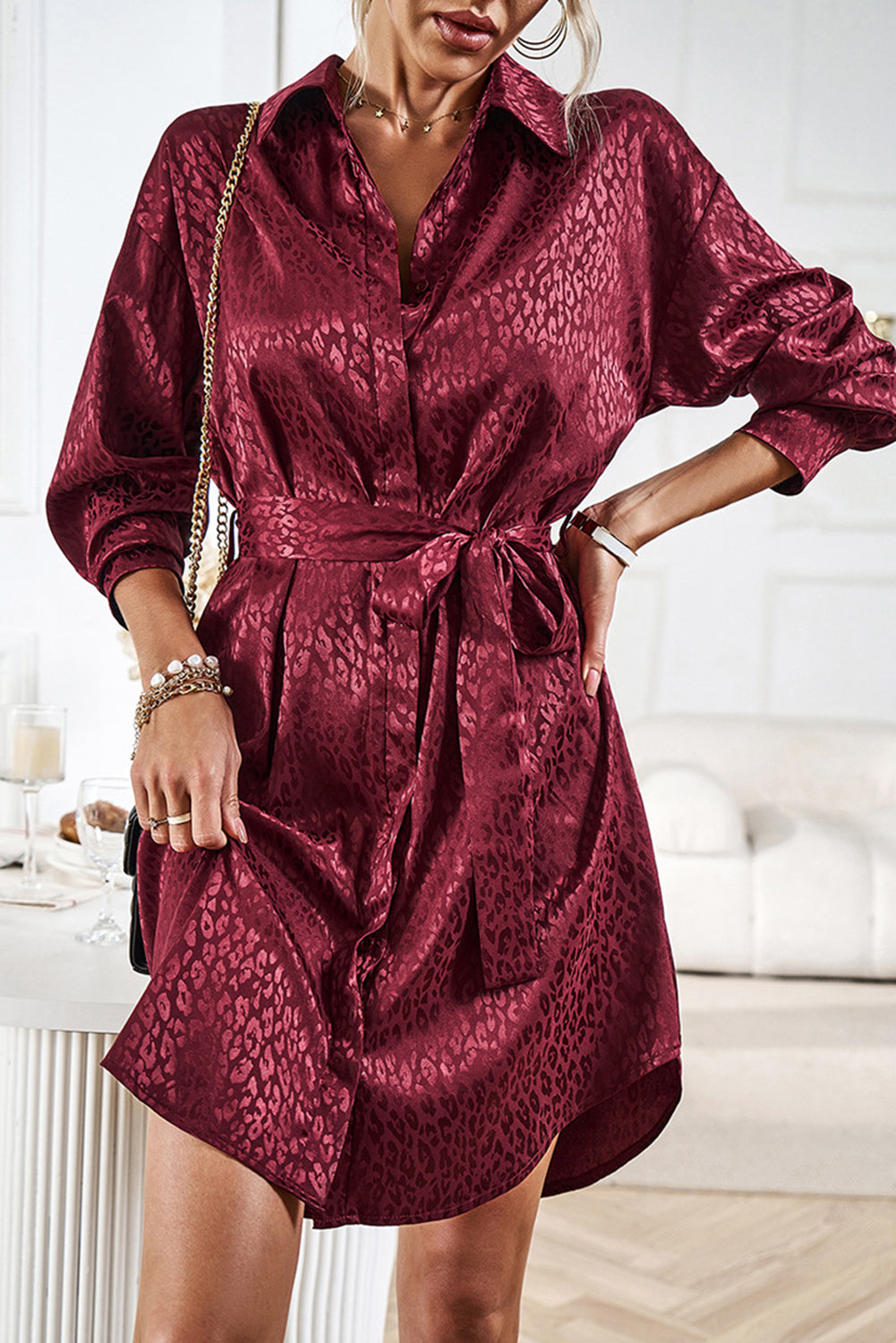 Burgundy Sleek Leopard Long Sleeve Tie Waist Shirt Dress - Bagged Store