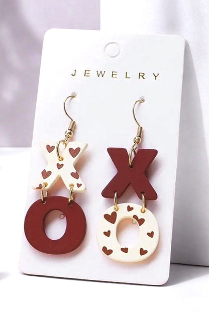 Racing Red Heart Print XOXO Letter Dangle Hook Earrings - Bagged Store