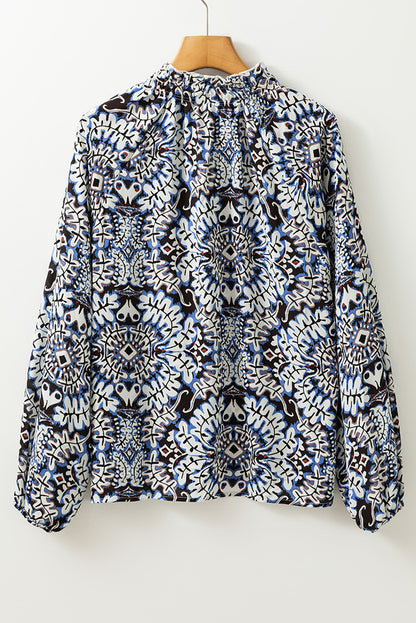 Blue Tribal Print Lace-up Frilled Neck Puff Sleeve Blouse - Bagged Store