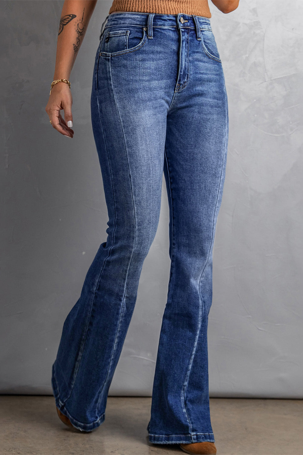 Dark Blue Plus Size Stitching Washed Flare Jeans - Bagged Store