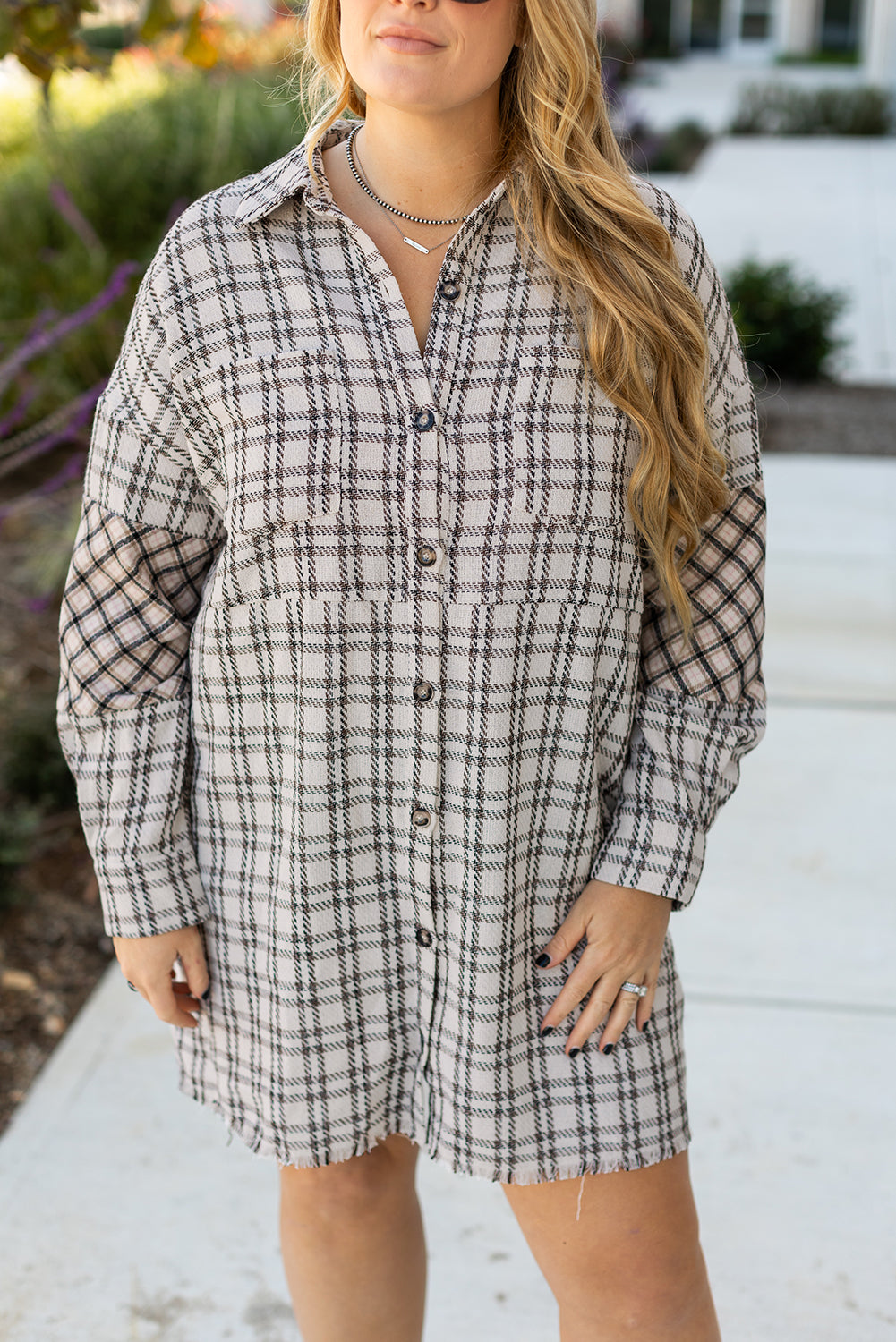 White Stripe Plus Size Plaid Buttoned Raw Hem Tunic Shirt Dress - Bagged Store