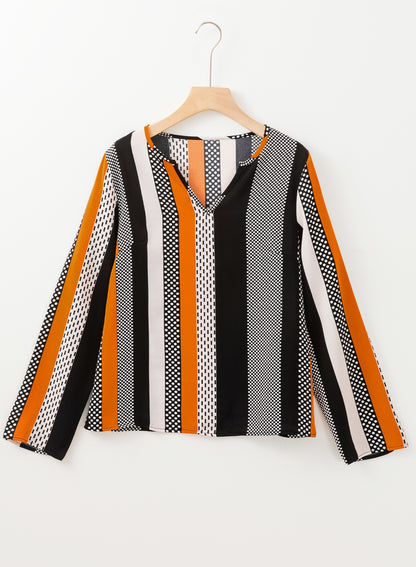 Orange Geo Print Colorblock Notched V Neck Blouse - Bagged Store