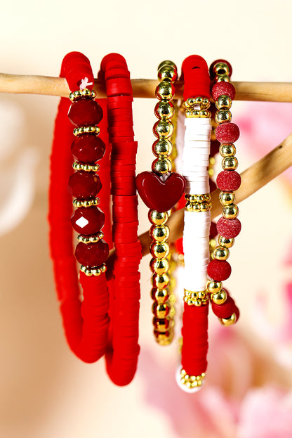 Fiery Red Heart Beaded Multi Layered Elastic Bracelet Set - Bagged Store