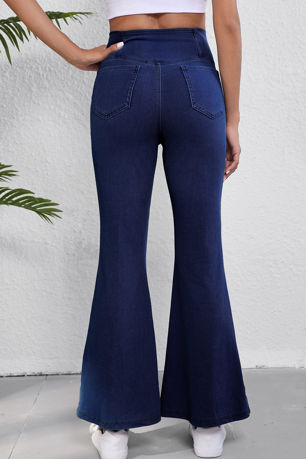 Dusk Blue Solid Crossed Waist High Elastic Fit Flare Knit Jeans - Bagged Store