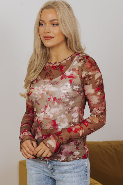 Red Floral Print Sheer Mesh Long Sleeve Top - Bagged Store