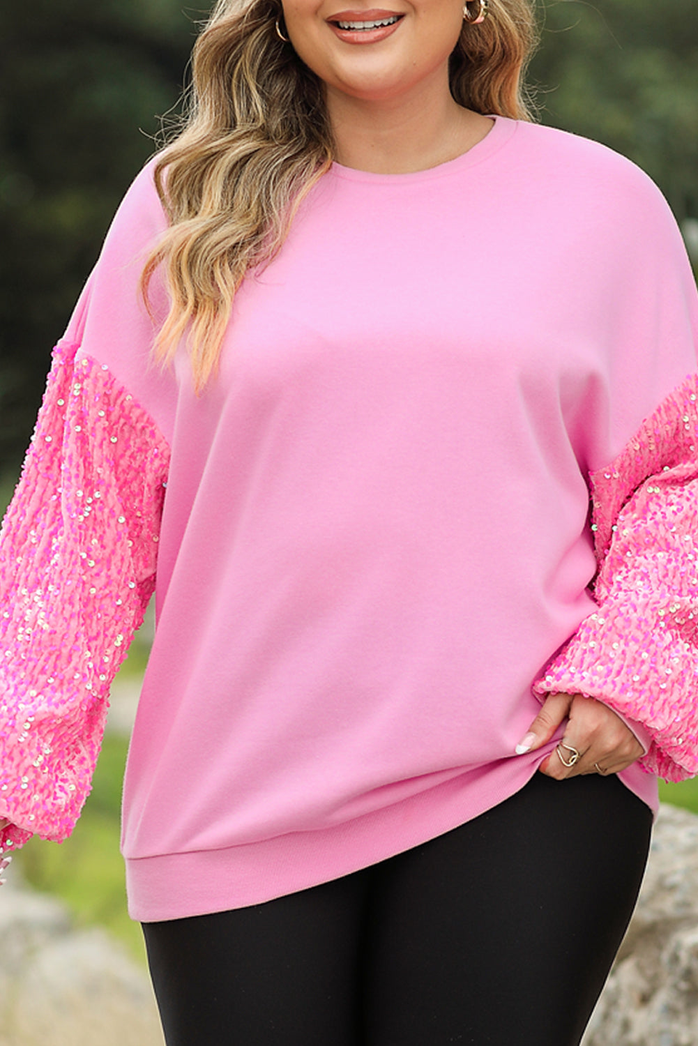 Pink Plus Size Sequin Sleeve Drop Shoulder Sweatshirt - Bagged Store