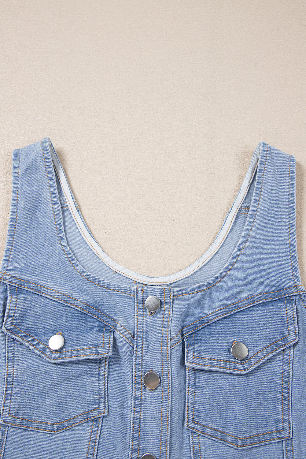 Beau Blue Light Wash Denim Buttoned Front Chest Pockets Sleeveless Slim Mini Dress - Bagged Store