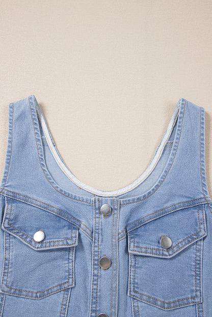 Beau Blue Light Wash Denim Buttoned Front Chest Pockets Sleeveless Slim Mini Dress - Bagged Store