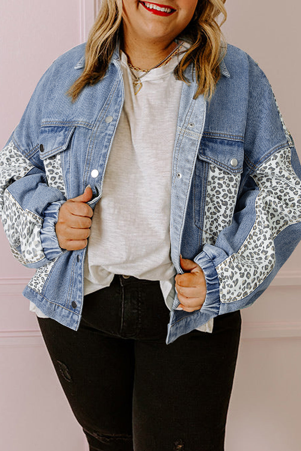 Beau Blue Leopard Patchwork Flap Detail Plus Size Denim Jacket - Bagged Store