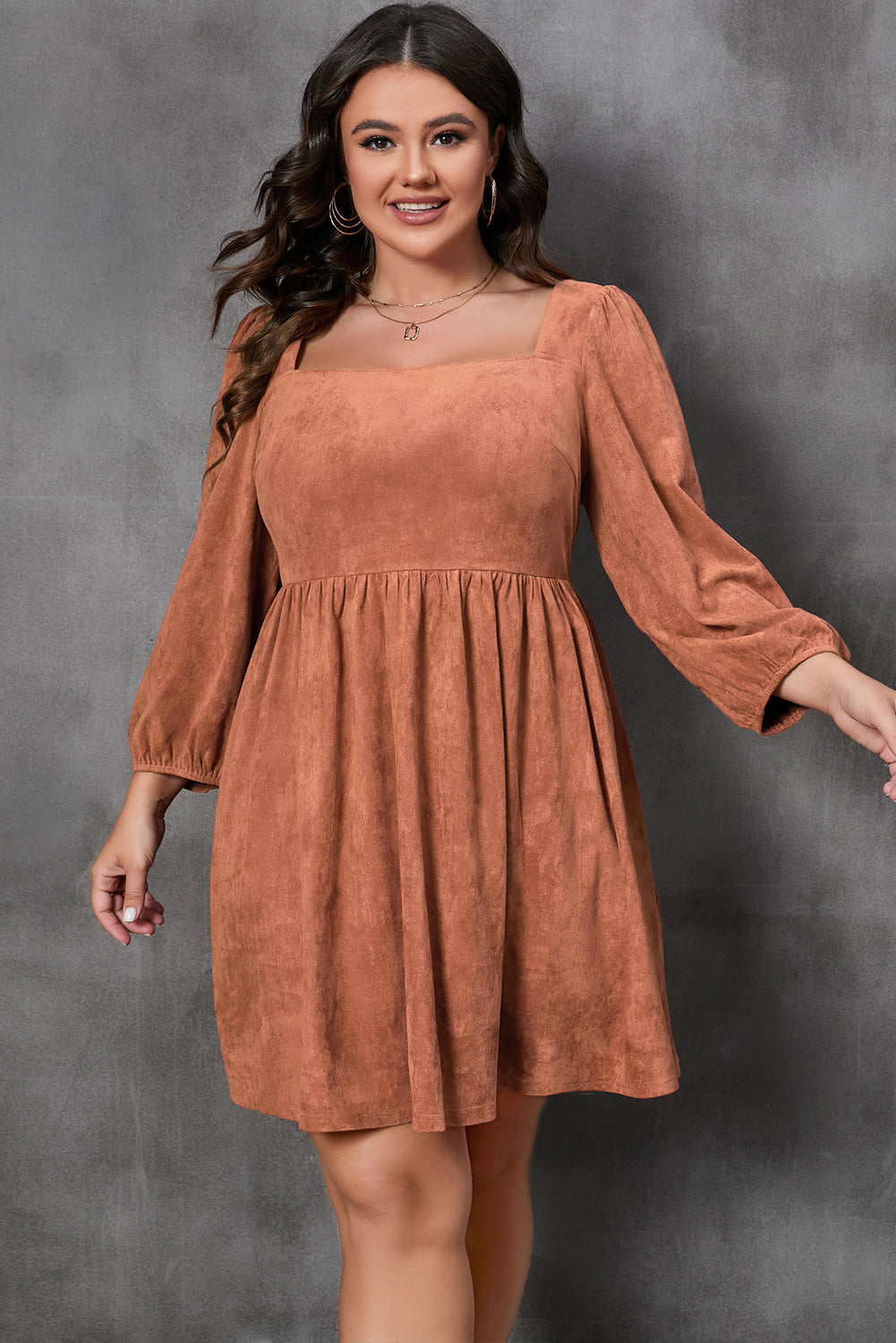 Chestnut Plus Size Suede Square Neck Balloon Sleeve Dress - Bagged Store