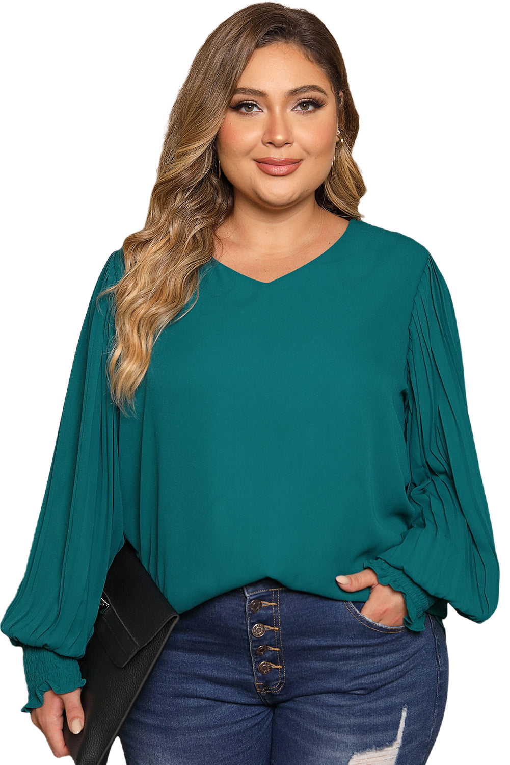 Green Pleated Bubble Sleeve Plus Size Blouse - Bagged Store