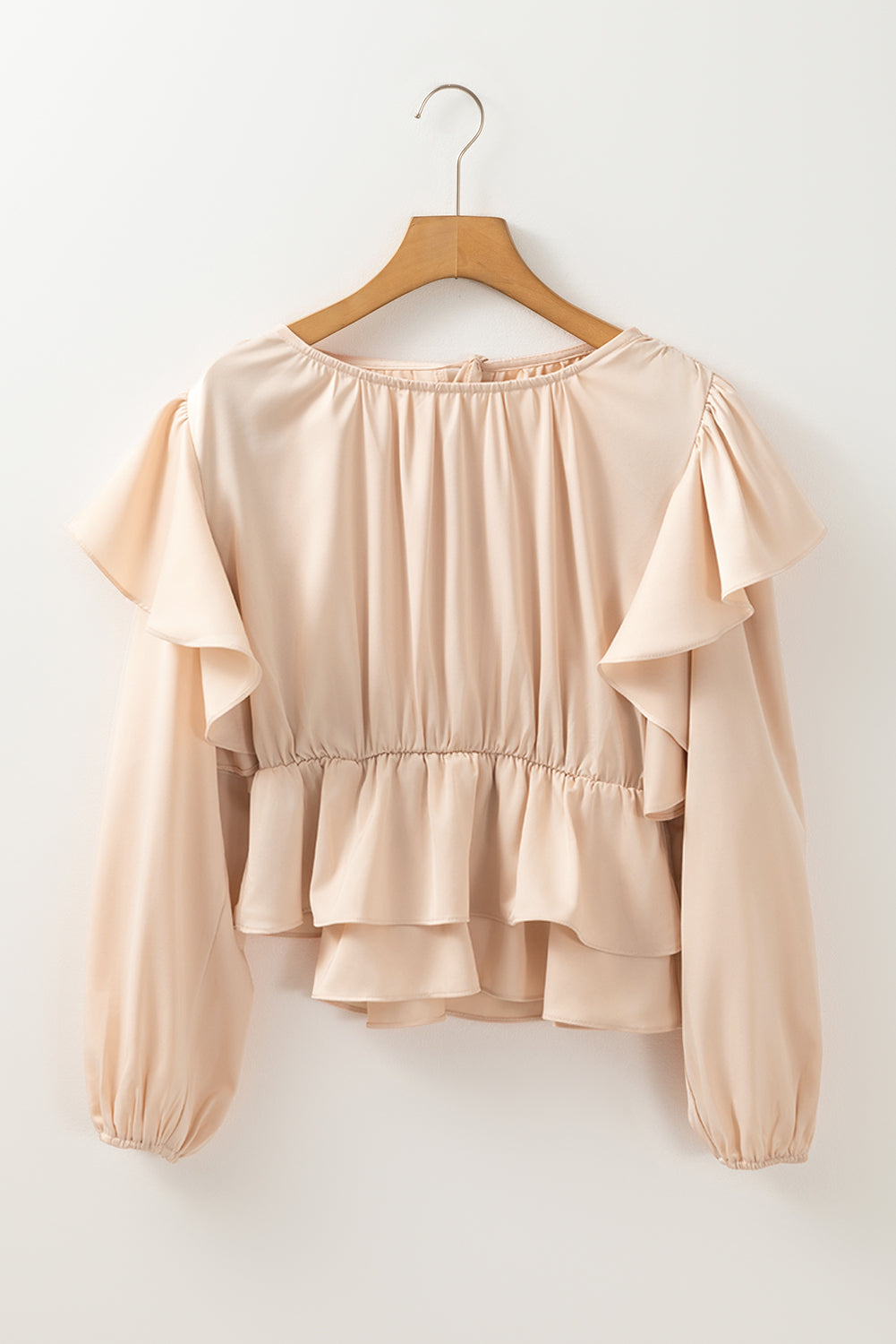 Oatmeal Lace-up Keyhole Back Ruffled Peplum Blouse - Bagged Store