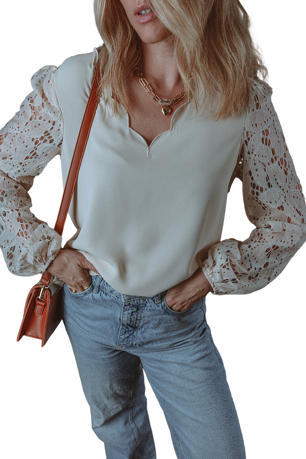 White Scalloped V Neckline Lace Hollowed Lantern Sleeve Blouse - Bagged Store