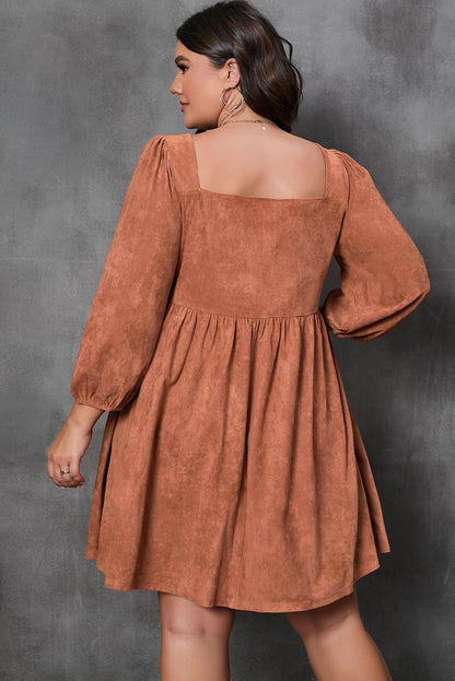 Chestnut Plus Size Suede Square Neck Balloon Sleeve Dress - Bagged Store