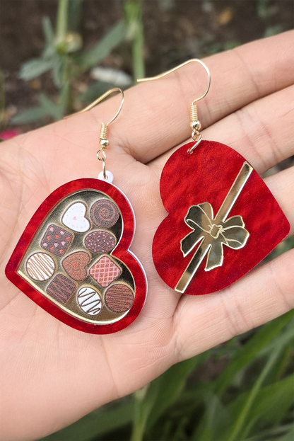 Fiery Red Box of Chocolate Heart Shape Dangle Earrings - Bagged Store