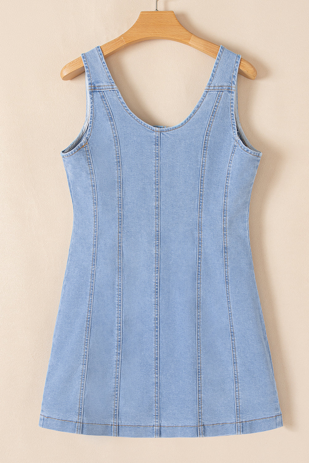 Beau Blue Light Wash Denim Buttoned Front Chest Pockets Sleeveless Slim Mini Dress - Bagged Store