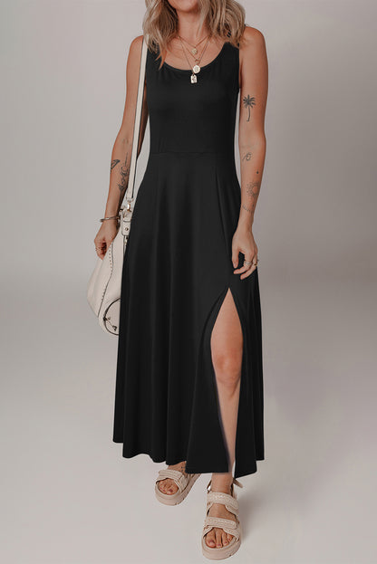 Black Sleeveless Scoop Neck Flared Split Midi Dress - Bagged Store