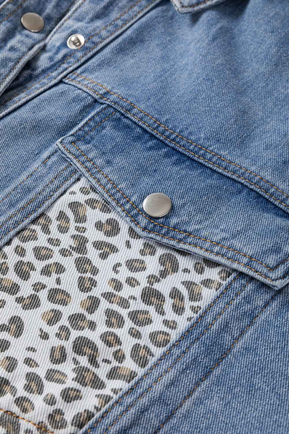 Beau Blue Leopard Patchwork Flap Detail Plus Size Denim Jacket - Bagged Store