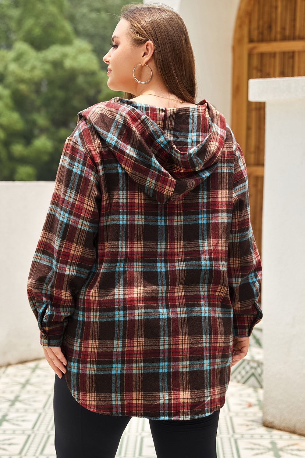 Fiery Red Plus Size Plaid Kangaroo Pocket Drawstring Hoodie - Bagged Store