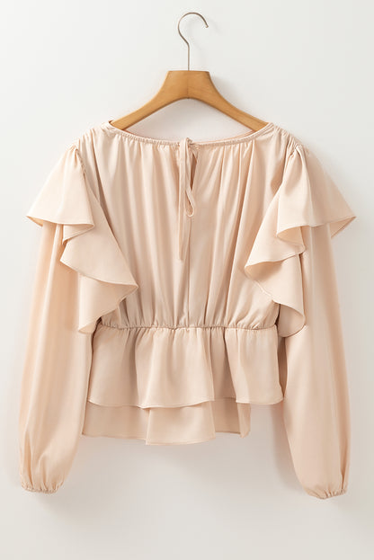 Oatmeal Lace-up Keyhole Back Ruffled Peplum Blouse - Bagged Store