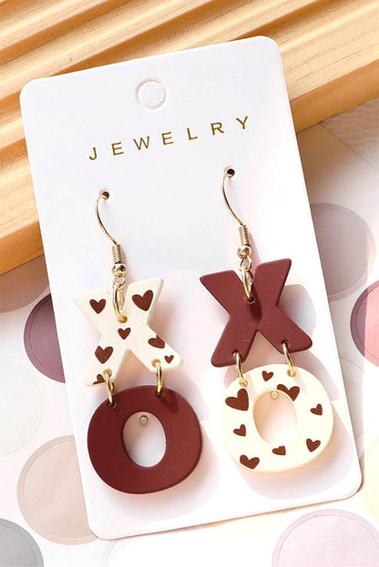 Racing Red Heart Print XOXO Letter Dangle Hook Earrings - Bagged Store