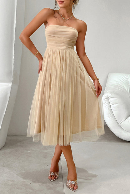 Apricot Starry Strapless Mesh Tulle High Waist Evening Dress - Bagged Store