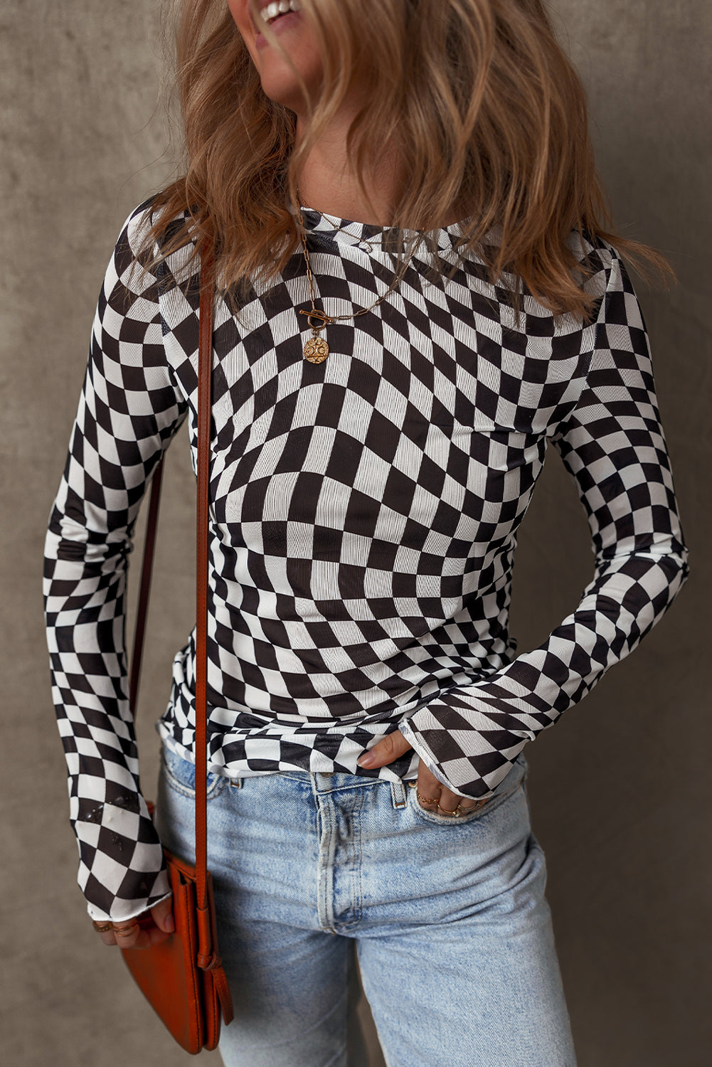 Khaki Checkered Pattern Mesh Mock Neck Long Sleeve Top - Bagged Store